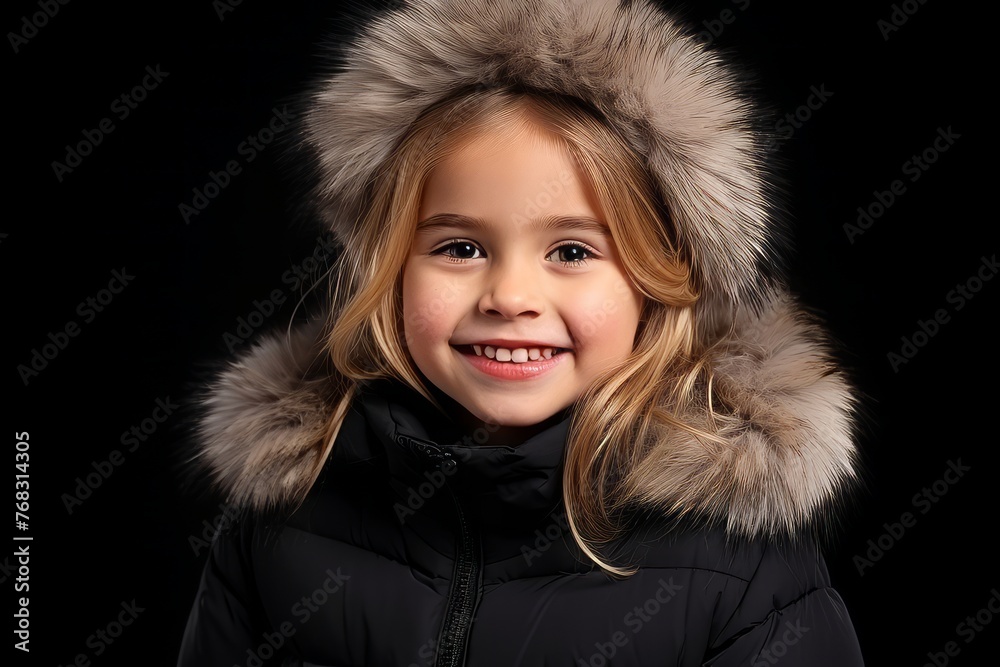 Portrait of a smiling little girl in winter coat on black background Portrait of a smiling little girl in winter coat on black background