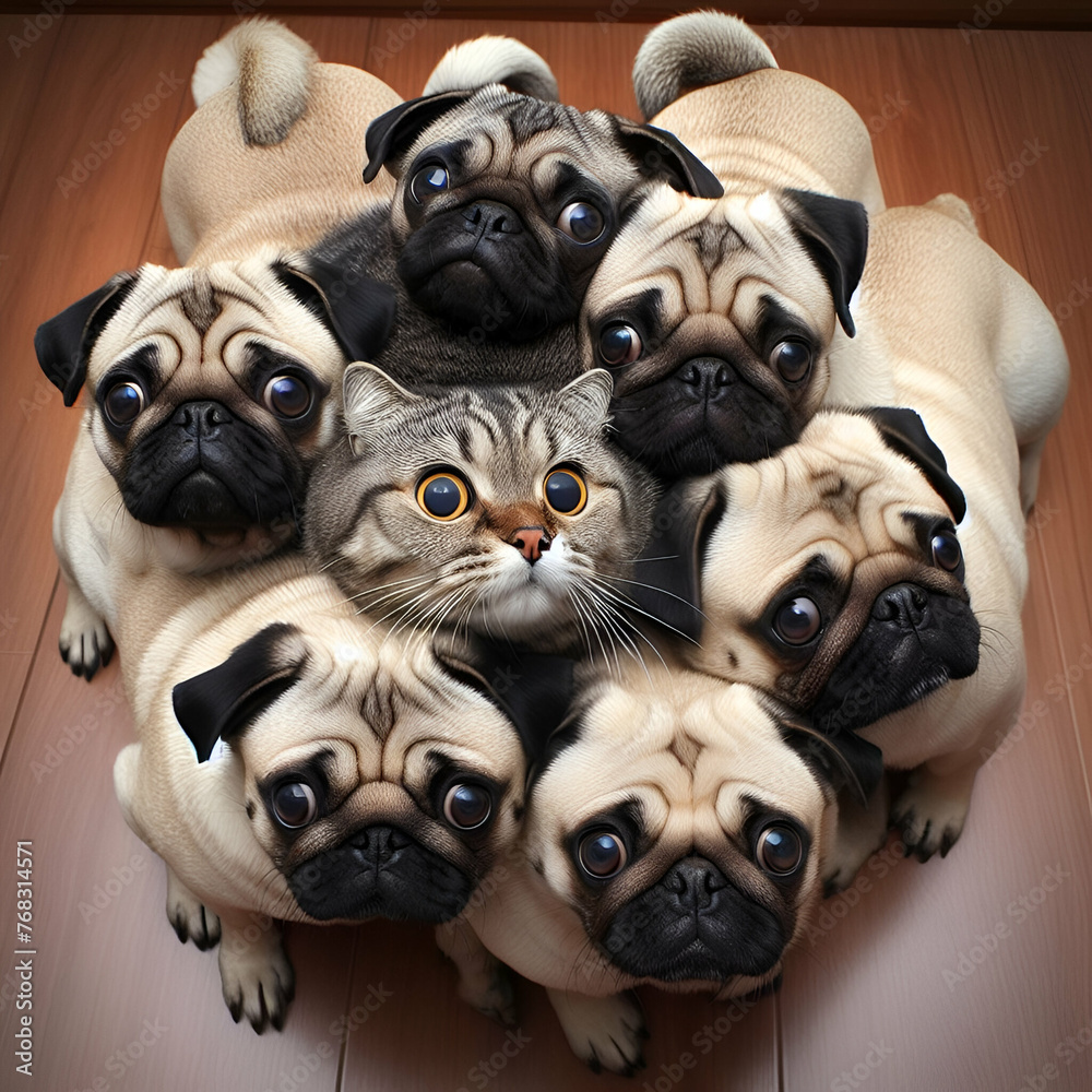 Funny Group Family, Wide-Eyed Cat Stuck Under Very Close to Six Wrinkly Short-muzzled Face Pug Breed Puppy Dogs Out in the Middle Selfie at Home Like a Rug Scarf. Pets Hide from Cold. Cozy Winter Fall