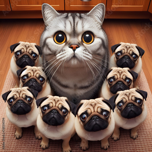 Funny Group Family, Wide-Eyed Cat Stuck Under Very Close to Six Wrinkly Short-muzzled Face Pug Breed Puppy Dogs Out in the Middle Selfie at Home Like a Rug Scarf. Pets Hide from Cold. Cozy Winter Fall © Frank