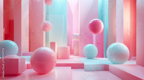 Floating 3D geometric shapes in a serene, pastel void