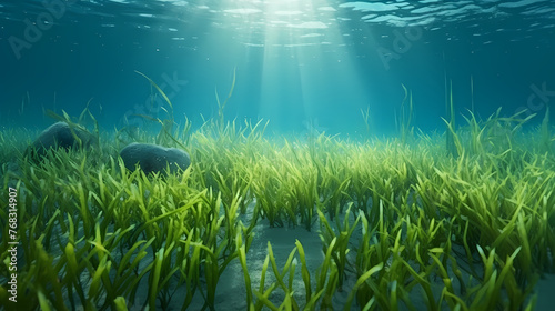 Sunlight shining through underwater landscape and seabed covered with green seaweed © Derby