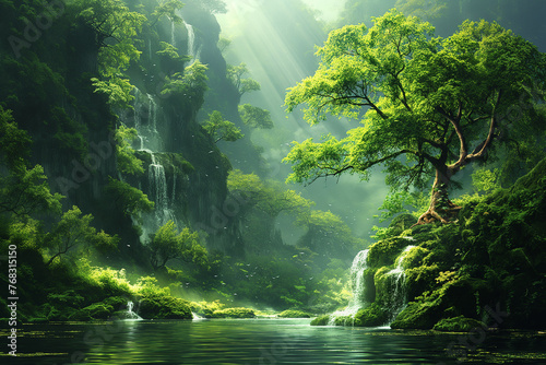 A beautiful green forest landscape view with a flowing river