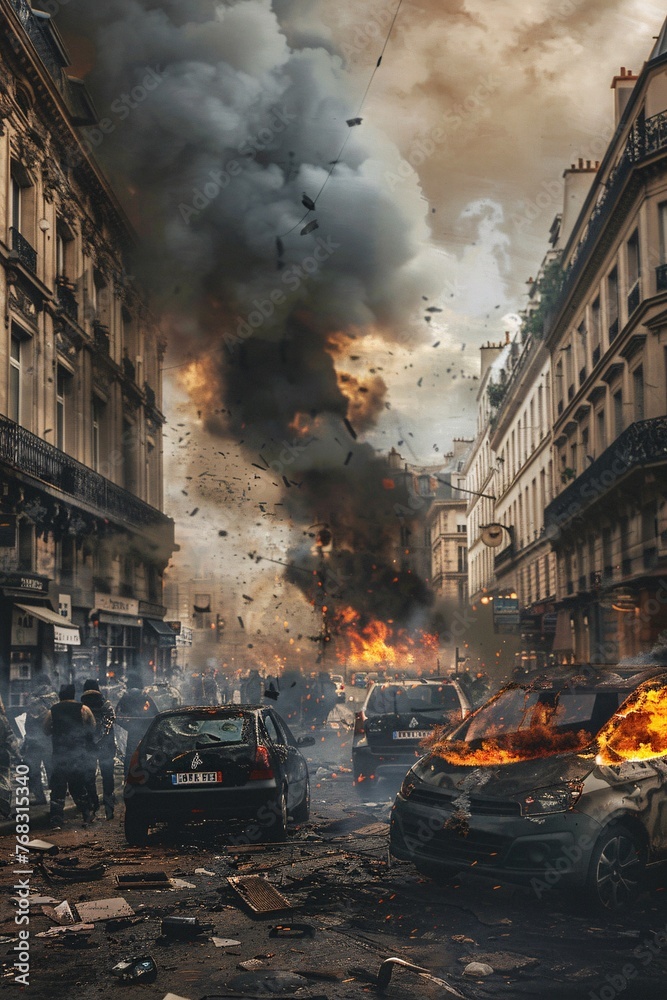 Tumultuous Times  The Unrest in Paris Streets with Burning Car Amidst Protests