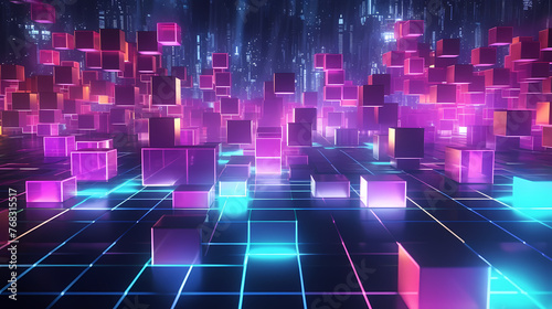 Colorful cubes, blockchain new technology transmission with digital background