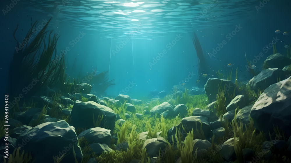 Fototapeta premium Green bright algae growing underwater