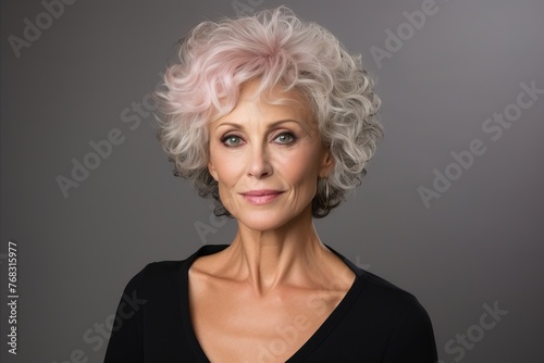 Portrait of a beautiful senior woman with pink hair on a gray background