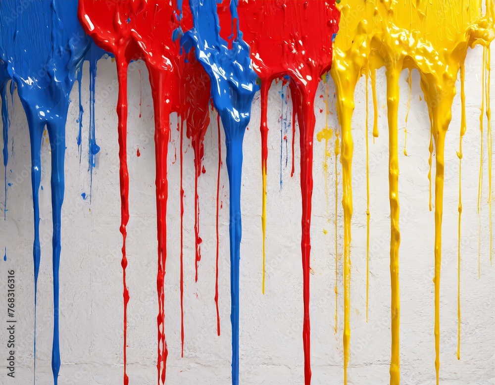 Primary colors of paint running in rivulets down a white wall