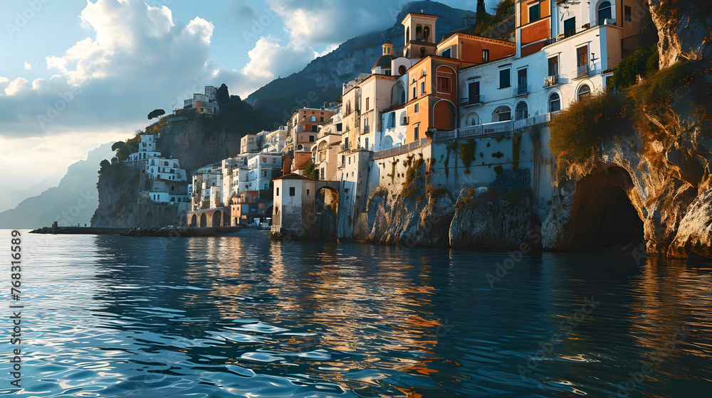 Fototapeta premium Morning view of Amalfi cityscape on coast line of mediterranean sea, Italy