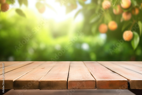 peaches and wooden table. texture and blurred background. place for text, copy space, layout. sunny, summer garden