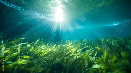 Green bright algae growing underwater