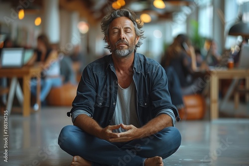 During the leisure event, the man is sitting on the floor in a lotus position with his eyes closed, his thumbs resting on his thighs, sharing a moment of relaxation and building inner peace