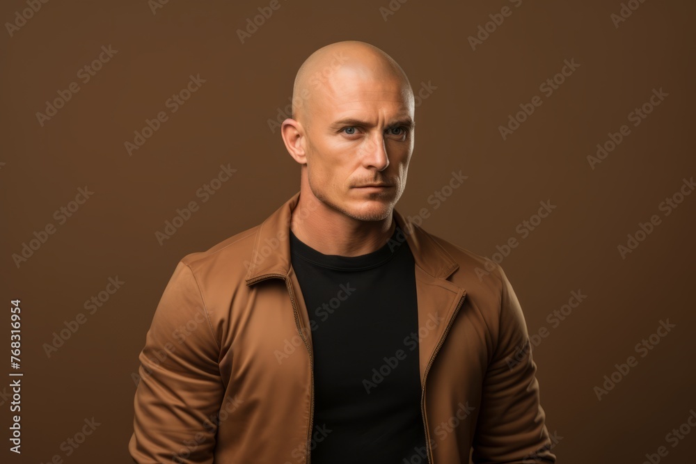 Portrait of a bald man in a brown jacket on a brown background