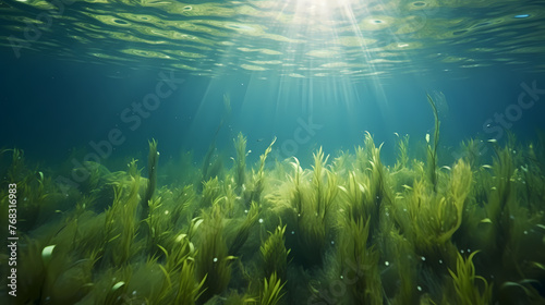 Green bright algae growing underwater