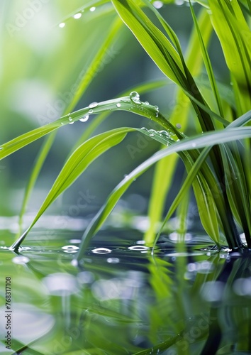 The water surface reflects the light green leaf with crystal clear dewdrops