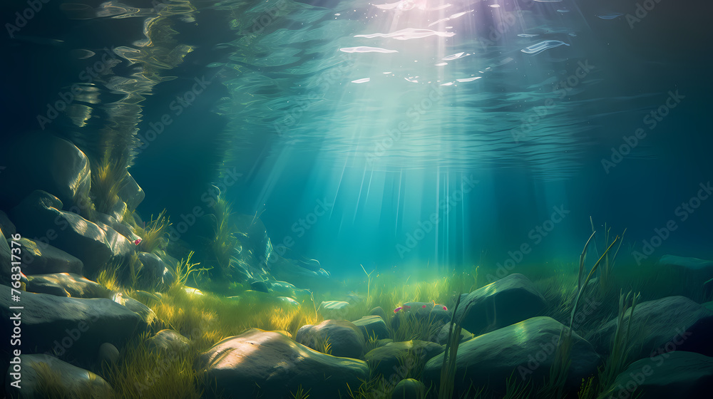 Obraz premium Green bright algae growing underwater