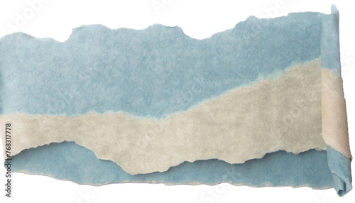 An isolated piece of torn, ripped, and rolled paper for use as a texture or shape element. Blank for use as banner or frame.