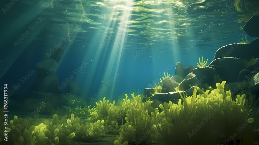 Fototapeta premium Green bright algae growing underwater