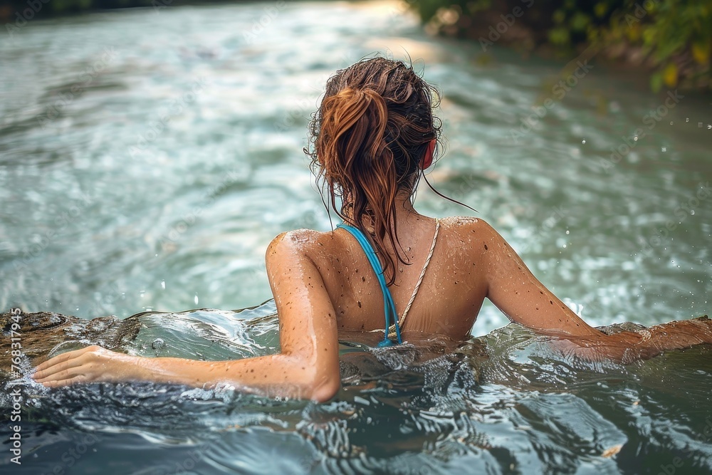 A young woman is captured from behind, swimming in a peaceful river, surrounded by the beauty of nature and the golden hour light A young woman is captured from behind, swimming in a peaceful river, surrounded by the beauty of nature and the golden hour light