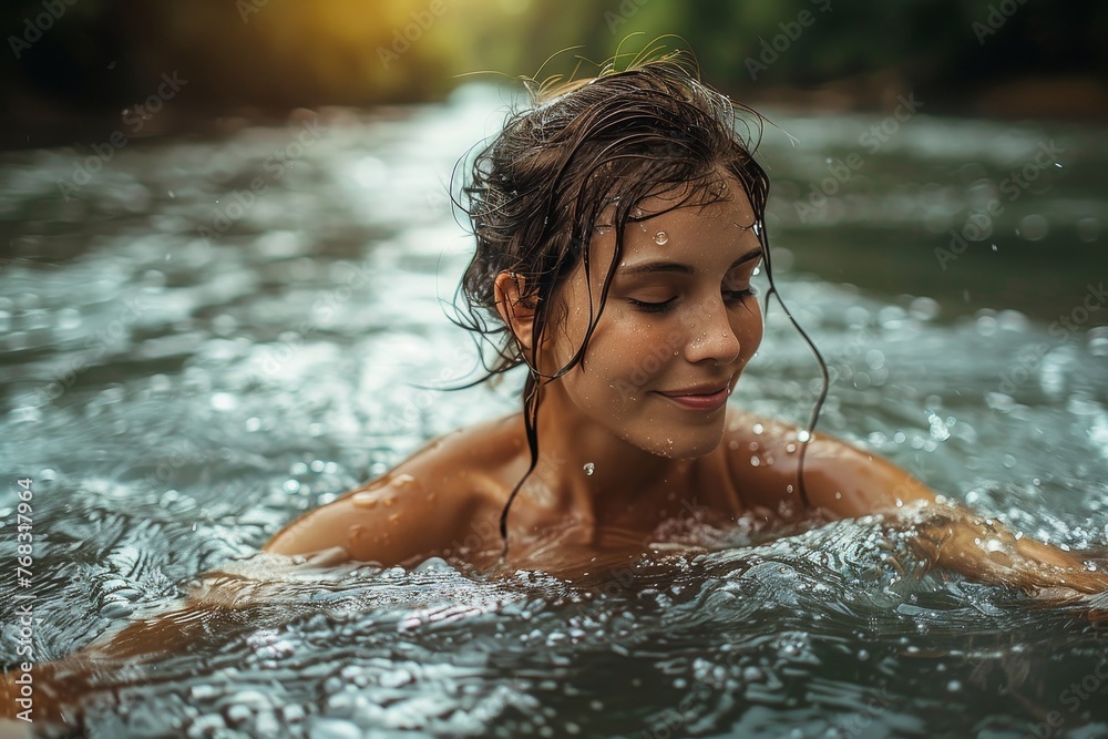 Obraz premium A tranquil woman enjoys a peaceful swim in the twilight, her face expressing pure serenity