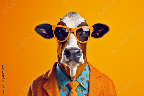 cow in an orange shirt, in the style of bold fashion photography
