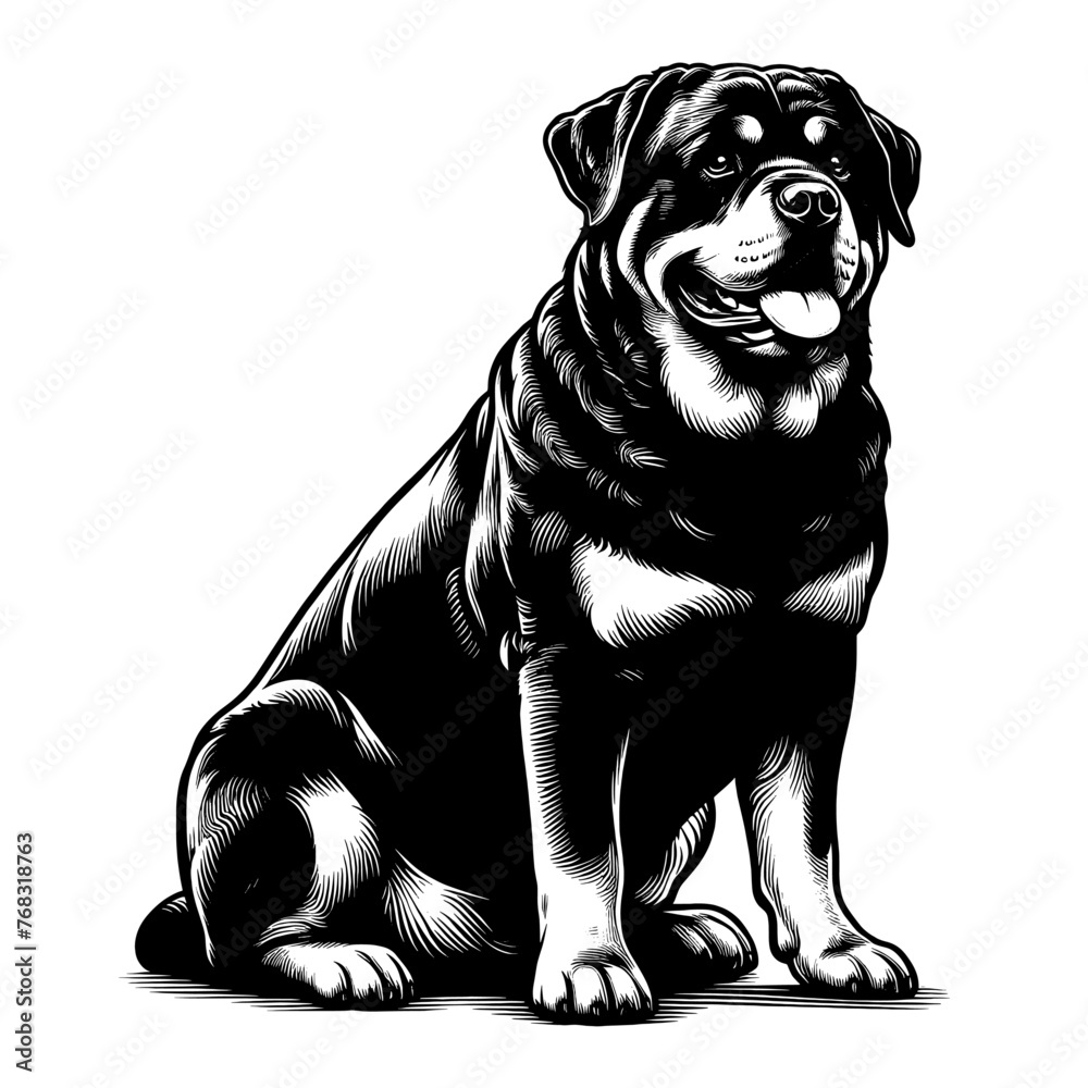 Full-body Rottweiler dog sitting. Hand Drawn Pen and Ink. Vector Isolated in White. Engraving vintage style illustration for print, tattoo, t-shirt	