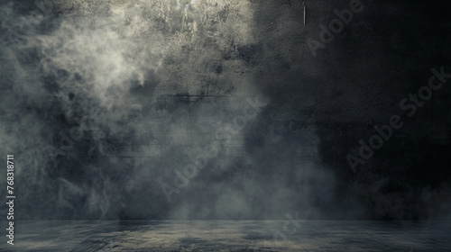 Empty dark abstract cement wall and studio room with smoke float up interior texture. Generative Ai