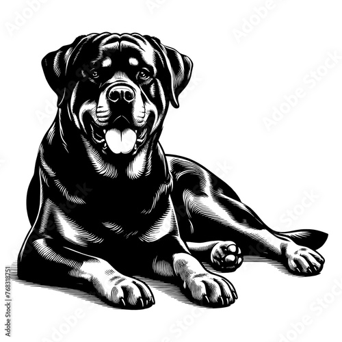 Full-body Rottweiler dog laying down. Hand Drawn Pen and Ink. Vector Isolated in White. Engraving vintage style illustration for print, tattoo, t-shirt	