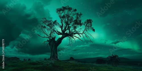 A Single Epic Tree under Aurora Borealis Background created with Generative AI Technology