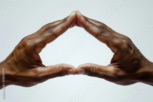 Artistic image of dark-skinned hands forming a diamond shape with thumbs and forefingers against a white background photo