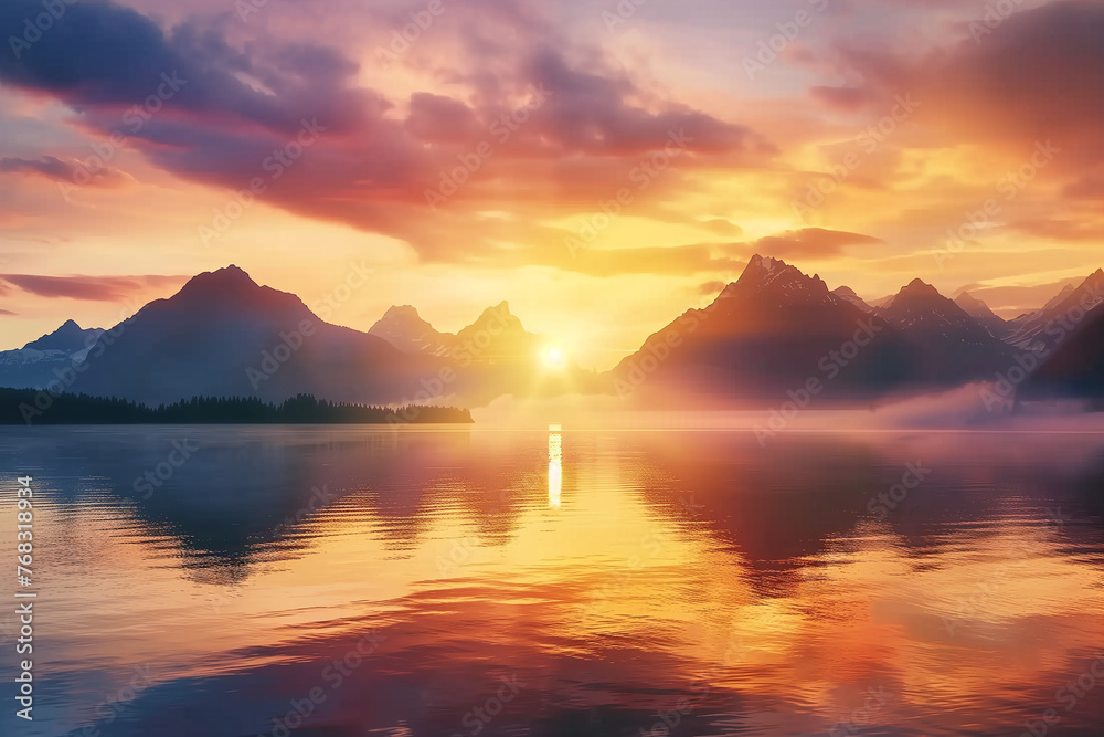 Sunset Bliss: Sunbeams and Vibrant Reflections on Calm Lake Waters on the background of mountains