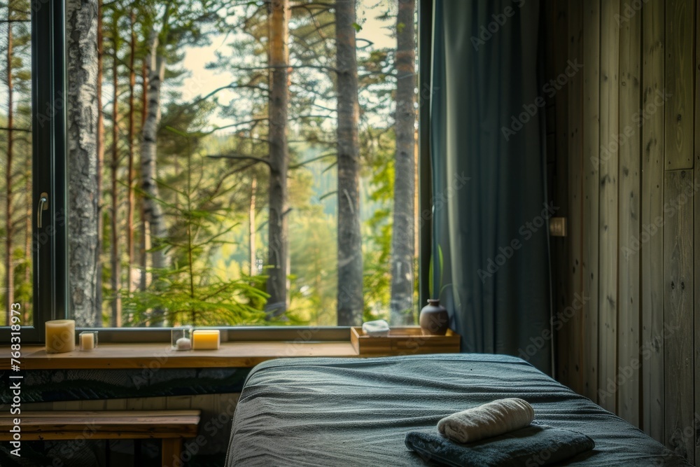 An inviting bedroom with a forest view through large windows offers a serene and tranquil retreat An inviting bedroom with a forest view through large windows offers a serene and tranquil retreat