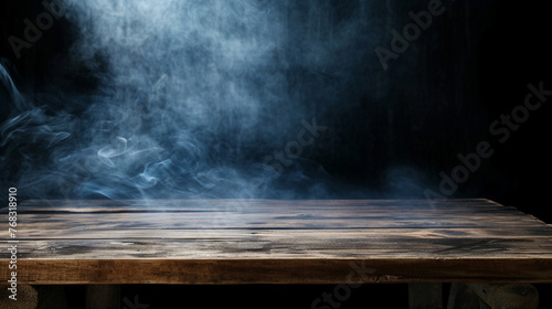 empty wooden table with smoke float up on dark background . Generative Ai