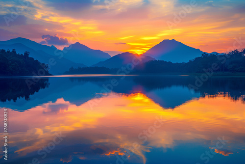 Mountain Lake Sunset: Blue and Orange Hues Reflecting on Lake on the background of mountains © sssheina