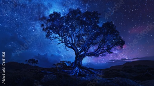 A Single Epic Tree under Aurora Borealis Background created with Generative AI Technology