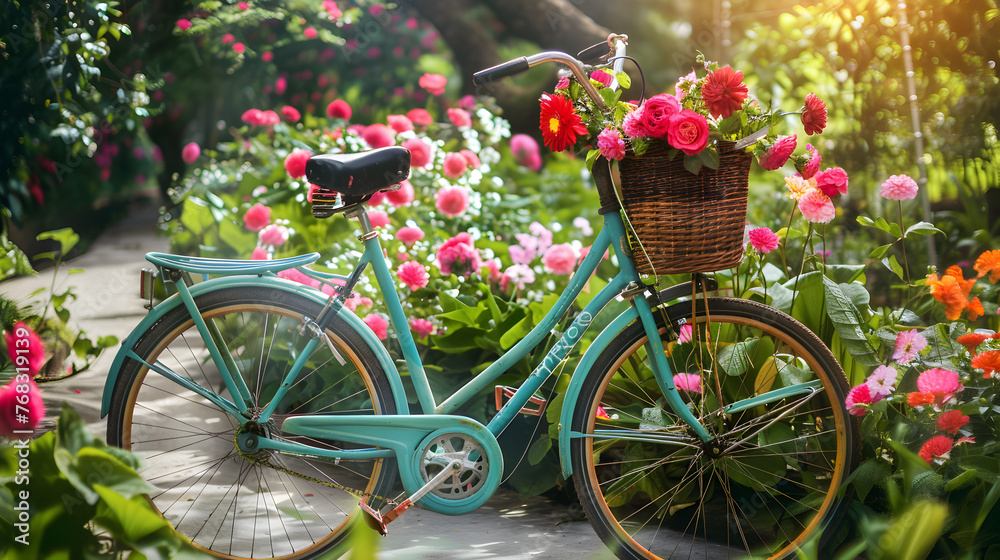White lady's bicycle with a beautiful flower basket on front.
