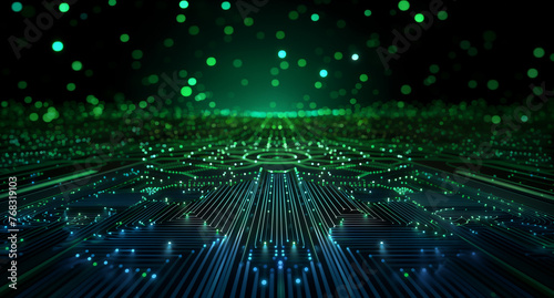Rendering of green glowing data points on a black background with a circuit board pattern in the center with a bokeh effect. Abstract futuristic digital technology, science and cyberspace concept 