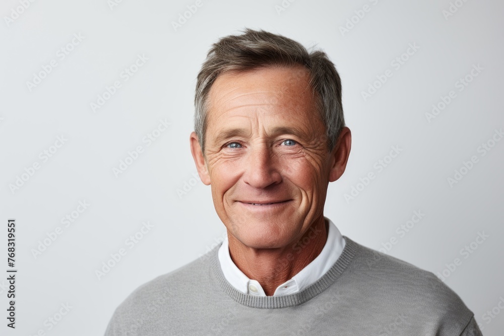 Handsome middle aged man in grey sweater smiling at camera. Handsome middle aged man in grey sweater smiling at camera.