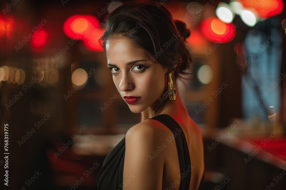 Sophisticated woman with striking makeup posing seductively in a dimly-lit bar setting Sophisticated woman with striking makeup posing seductively in a dimly-lit bar setting