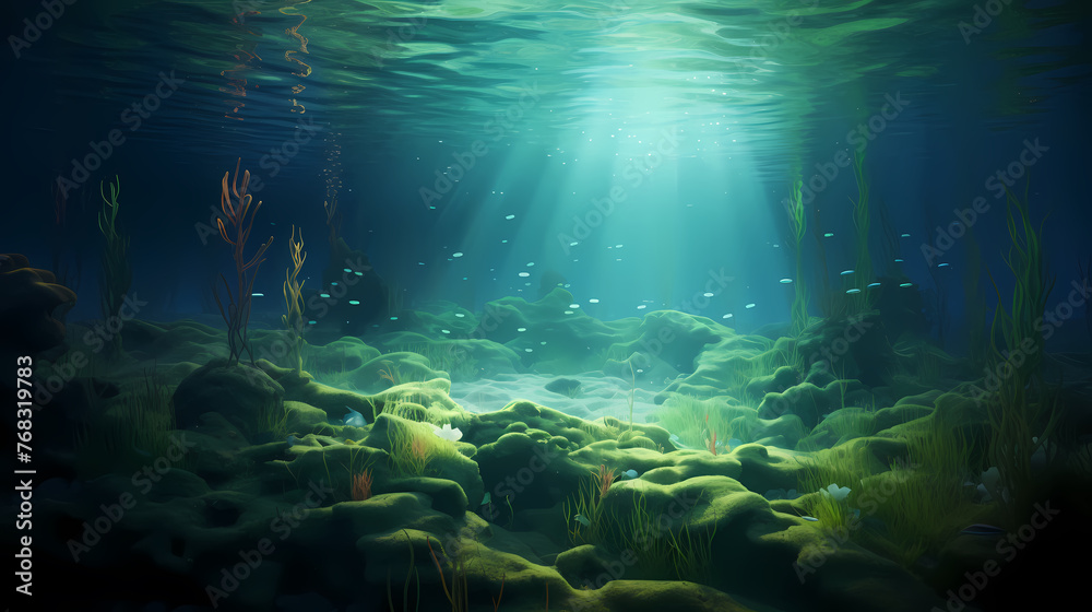 Fototapeta premium Green bright algae growing underwater