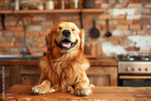 Hund sitzt am Tisch und wartet auf Futter und freut sich