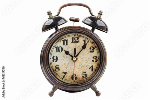 An antique-style alarm clock with rust and patina telling time, symbolizing punctuality and the passage of time