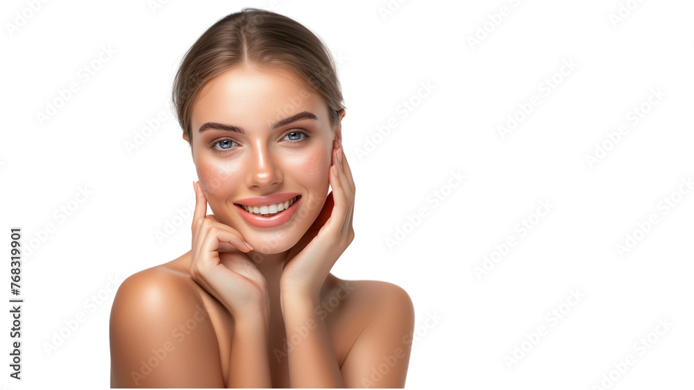 Smiling young woman gently touching her flawless glowing skin. Transparent background. Place for skin care products advertisement Smiling young woman gently touching her flawless glowing skin. Transparent background. Place for skin care products advertisement