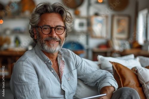 A human with eyewear is sitting on a couch, smiling happily while holding a tablet. His facial expression shows joy, with visible wrinkles around his eyes