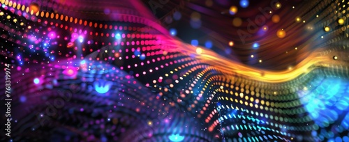 Futuristic abstract background of radiant neon light dots forming dynamic waves, symbolizing connectivity and digital innovation.