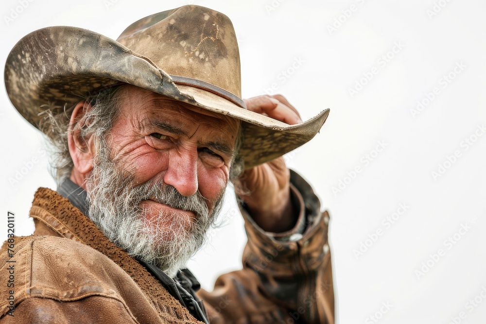 A seasoned cowboy with a rugged look tipping his old western hat, with a clear sky as a backdrop