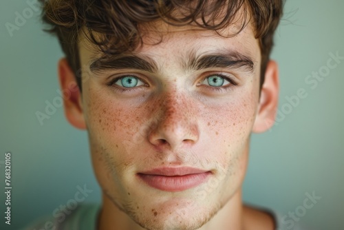 Intense close-up image of a young man featuring his vivid green eyes and freckles