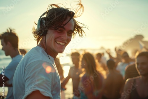 A happy young man is wearing headphones at a beach party during sunset, surrounded by blurred people
