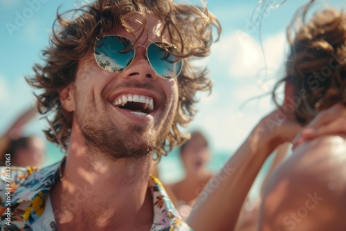 Candid shot captures a lively party atmosphere with a man enjoying sunny beach vibes amongst friends