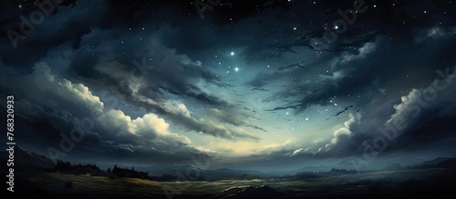 A mesmerizing painting depicting a night sky filled with fluffy cumulus clouds and twinkling stars, capturing the tranquil atmosphere of a natural landscape at dusk photo
