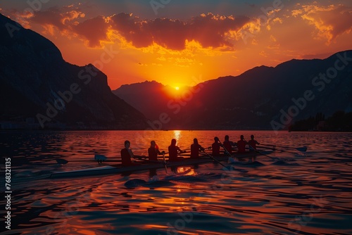 A group of people are rowing a boat on a lake at dusk  surrounded by the natural landscape of mountains and a colorful sunset in the highland ecoregion